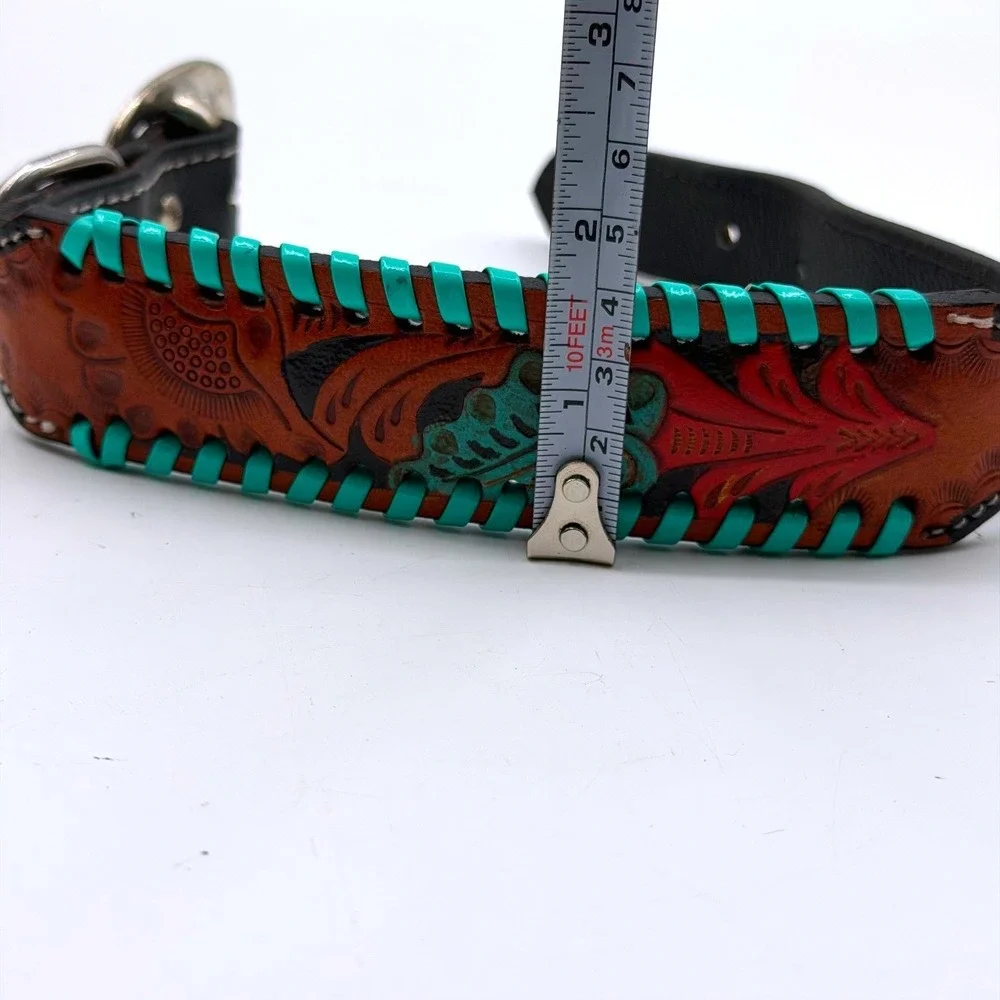 Myra Bag Full Bloom Tooled Leather Dog Collar Brown Turquoise Whipstitch Small